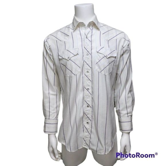 VTG‎ Miller Stockman Western Wear Mens 16/34 Shirt White Striped Pearl Snap USA - Picture 1 of 9
